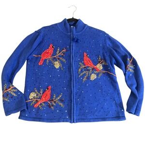 Tiara International Christmas Cardinal Sequin Zip Grannycore Blue Womens Small